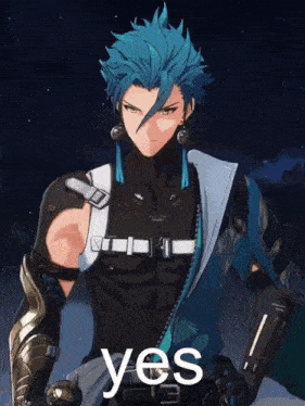 a video game character with blue hair and the word yes on the bottom
