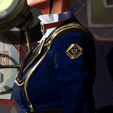 a woman in a blue suit has a diamond shaped emblem on her sleeve