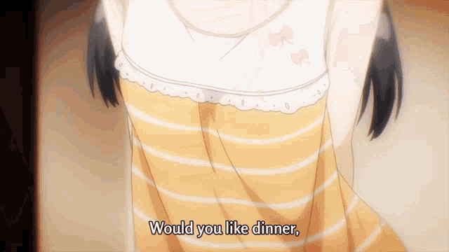a girl in a yellow and white striped dress is saying would you like dinner