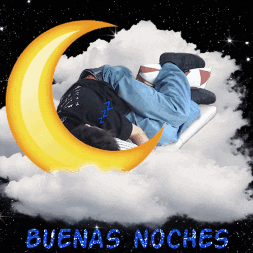 a picture of a person sleeping on a cloud with the words buenas noches written in blue
