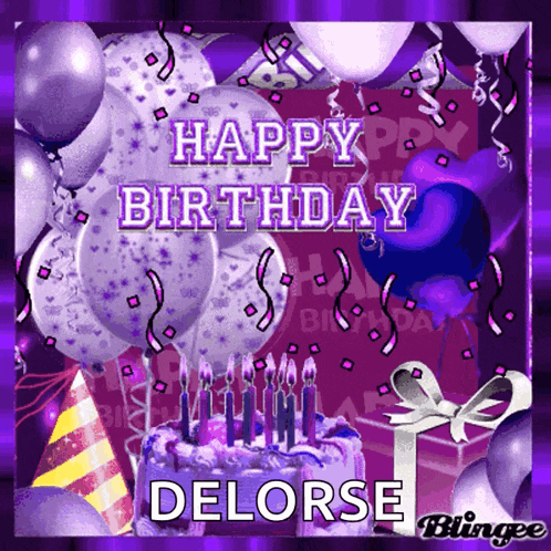 a birthday card with purple balloons and a cake that says happy birthday delorese