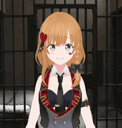 a girl with a red heart on her head is standing in front of a prison cell