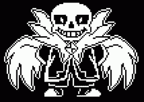a black and white pixel art of a skeleton with wings and a bow tie .