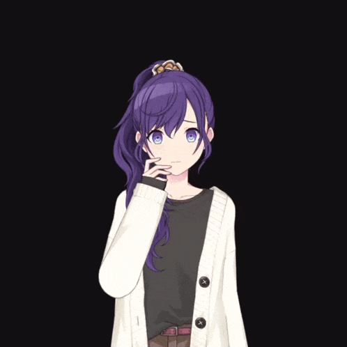 a girl with purple hair is wearing a white sweater
