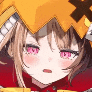 a close up of a girl with pink eyes wearing a hat and a red jacket .