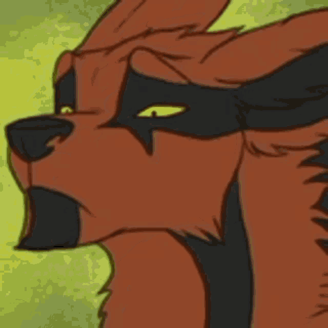a close up of a cartoon drawing of a dog with yellow eyes .