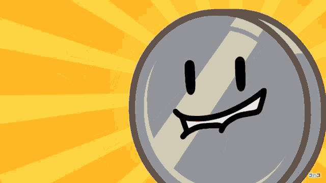 a cartoon coin with a smiley face on it is against a yellow background
