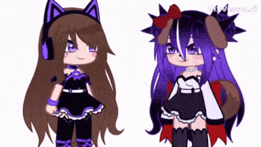 a girl with cat ears and a girl with purple hair are standing next to each other on a white background