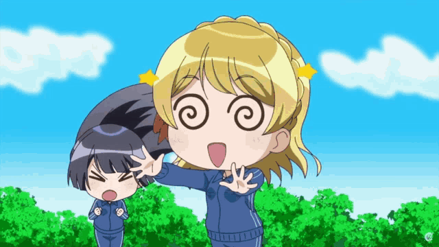 a cartoon girl with a swirl around her eyes stands next to another girl