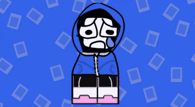 a drawing of a person wearing a hoodie with a sad face on it