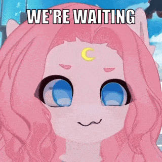 a pink anime girl with blue eyes and a crescent moon on her forehead is waiting .