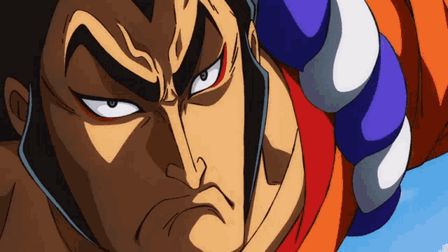 a close up of a cartoon character 's face with red eyes