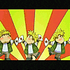a group of cartoon characters are standing in front of a yellow and red background .