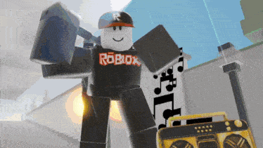 a roblox character is holding a large hammer and a boombox