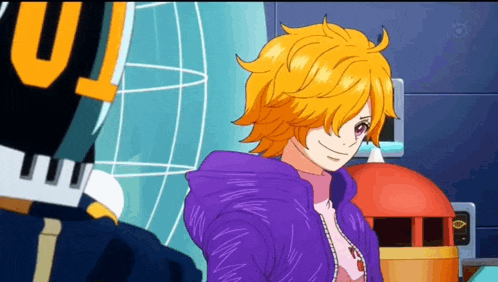 a girl with yellow hair is wearing a purple hoodie