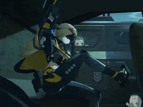a girl in a yellow and black suit is holding a rifle with the letter e on it