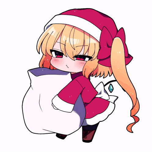 a girl in a santa hat is holding a stuffed animal in a bag