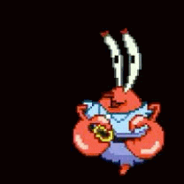 a pixel art of mr. krabs from spongebob squarepants with his arms up in the air .