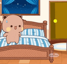 a teddy bear is standing next to a bed in a bedroom