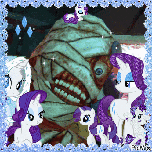 a picture of a group of ponies and a monster with picmix written on the bottom right