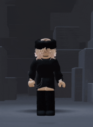 a roblox character with blonde hair and a black hat is standing in a dark room