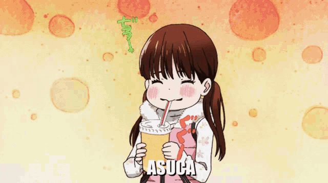 a girl drinking through a straw with the name asuca written on the bottom