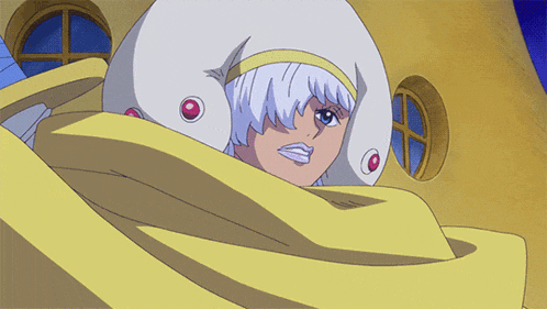 a cartoon character with a white hat and a yellow scarf around her neck