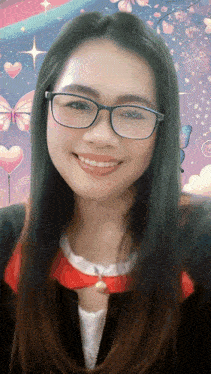 a smiling woman wearing glasses and a red bow tie