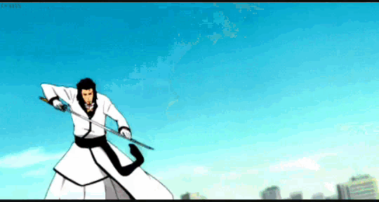 a man in a white robe is holding a sword in front of a city .