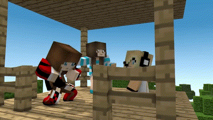 a couple of minecraft characters are standing on a balcony