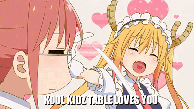 a picture of two anime girls with the words kool kidz table loves you