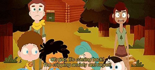 a group of cartoon characters are standing in front of a log cabin with the words oh god it 's coming back
