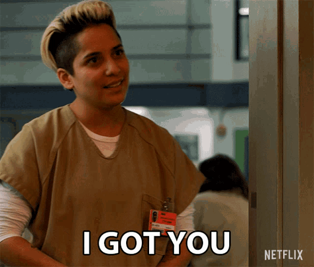 a woman with a name tag that says ' i got you '