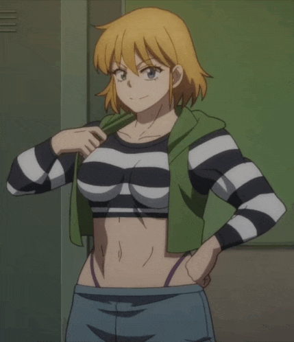 a woman in a black and white striped shirt is taking off her crop top