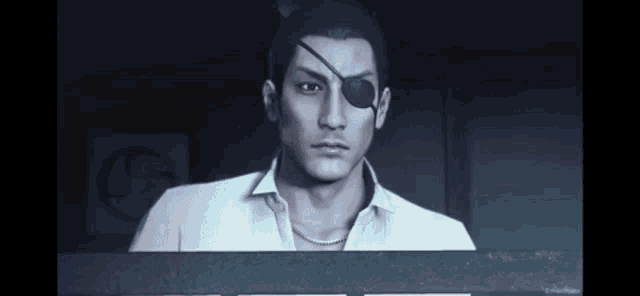 a man with a bandage on his eye is looking at the camera in a video game .