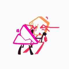 a pink and orange drawing of a person holding an envelope with the letter p on it