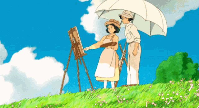 a man and woman are standing under an umbrella in a field
