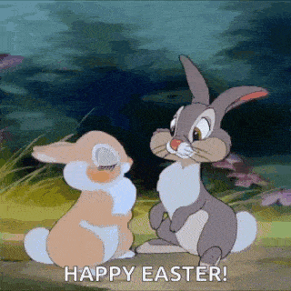 two rabbits are sitting next to each other in a field and the words `` happy easter '' are on the bottom .