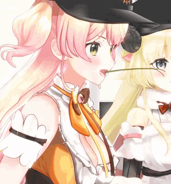 a girl with a flower in her mouth is standing next to a girl with horns