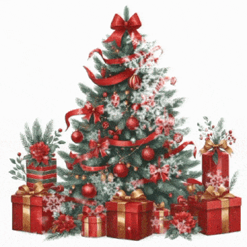 a christmas tree decorated with red and gold ornaments and gifts