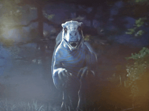 a painting of a dinosaur with its mouth open in the dark