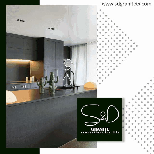 an ad for granite renovations for life shows a kitchen with black cabinets