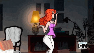 a cartoon woman is dancing in a living room with cn written on the bottom