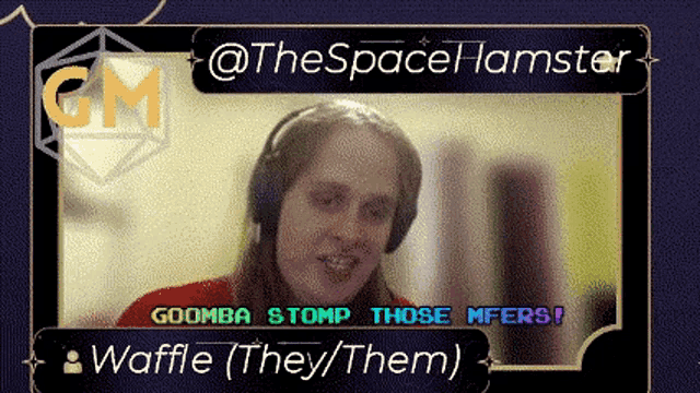 a woman wearing headphones says goomba stomp those mfers and waffle they them
