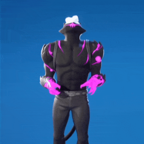 a man in a black cat costume with pink glowing arms