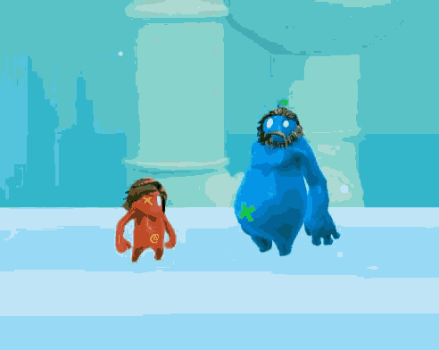 a blue monster with a green star on its belly is standing next to a smaller monster
