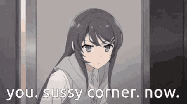 a girl is standing in front of a door and says you sussy corner now