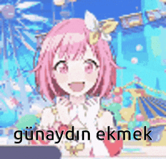 a girl with pink hair is smiling in front of a ferris wheel and says günaydin ekmek