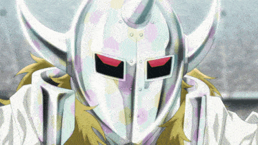 a cartoon character wearing a silver helmet with horns and red eyes
