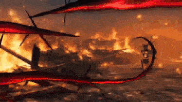 a person is standing in front of a burning building in a video game with a red swirl coming out of it .